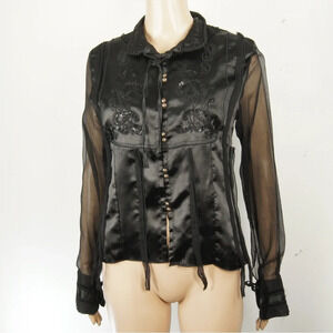 Vintage Y2K 2000s David Bitton Black Satin Embroidered Sheer Sleeve Blouse Top